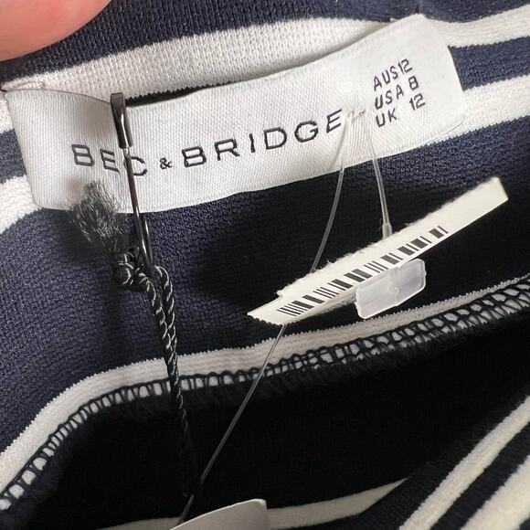 Bec & Bridge Ahoy Long Sleeve Off the Shoulder Midi Dress in Ink Stripe Size 8 - Picture 7 of 9